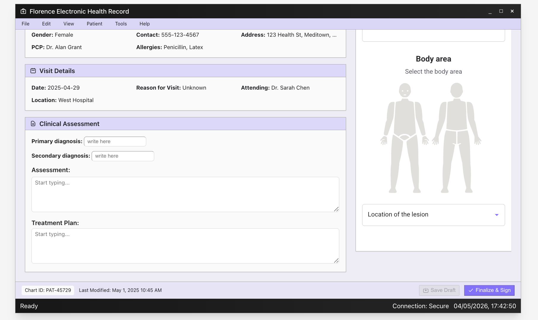 Step 1 — the Legit.Health iframe inside the clinician's EHR, showing the body-area selector.
