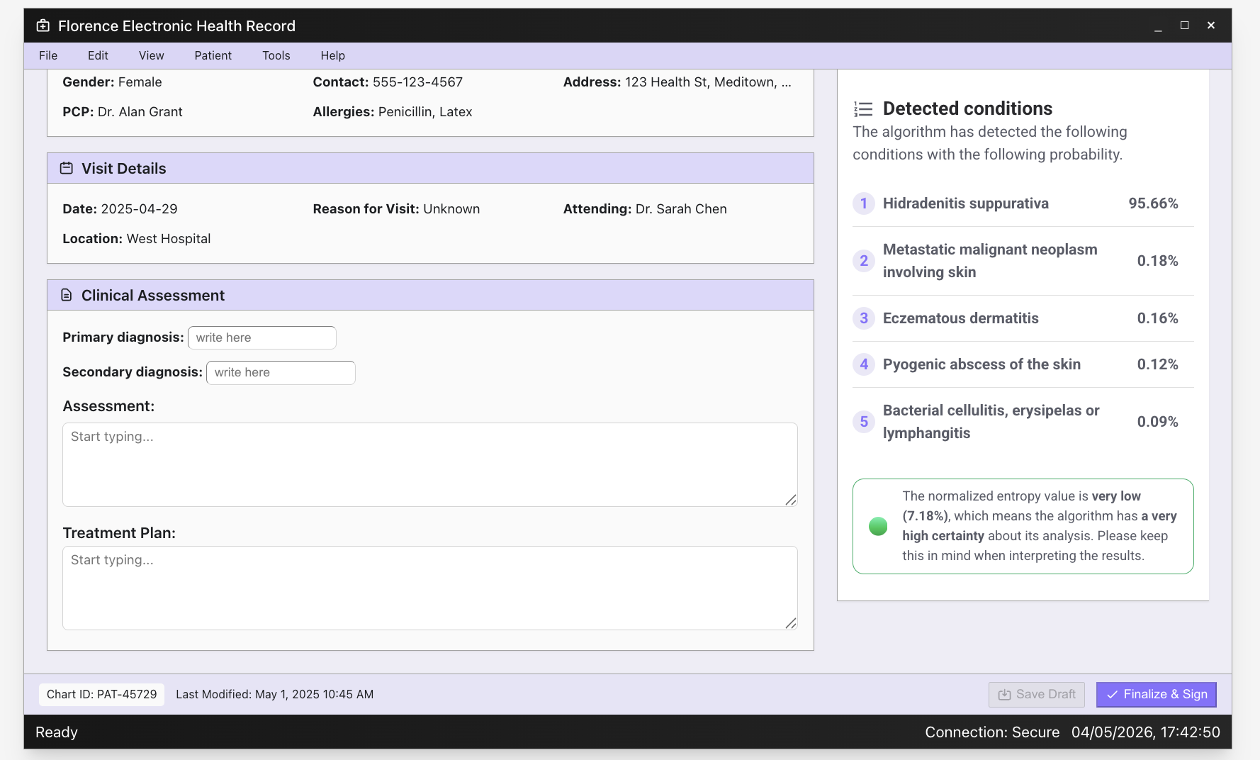 Step 3 — the Legit.Health iframe showing detected conditions: a ranked top-5 list with probabilities and a confidence indicator.