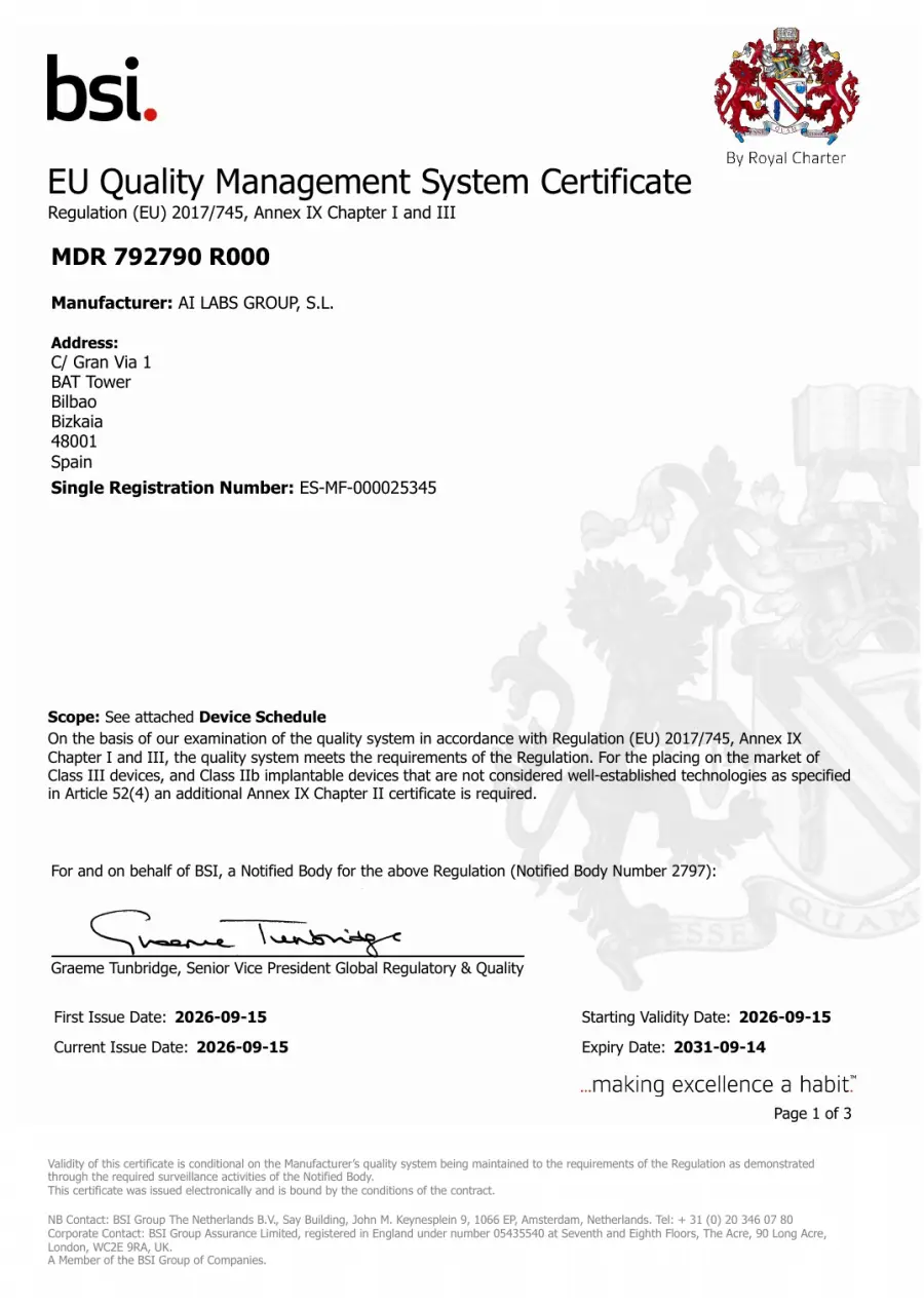 First page of the EU Quality Management System Certificate MDR 792790 R000 issued by BSI to AI Labs Group, S.L. under Regulation (EU) 2017/745, Annex IX Chapters I and III, first issued on 15 September 2026 and valid until 14 September 2031.