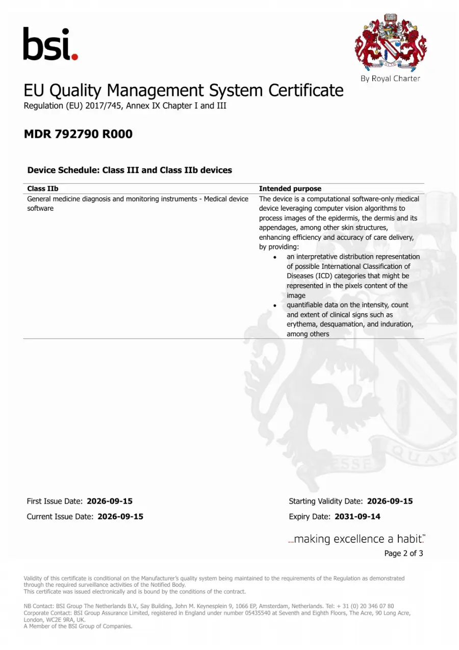 Second page of certificate MDR 792790 R000: the device schedule, listing a Class IIb general medicine diagnosis and monitoring medical device software and its intended purpose.