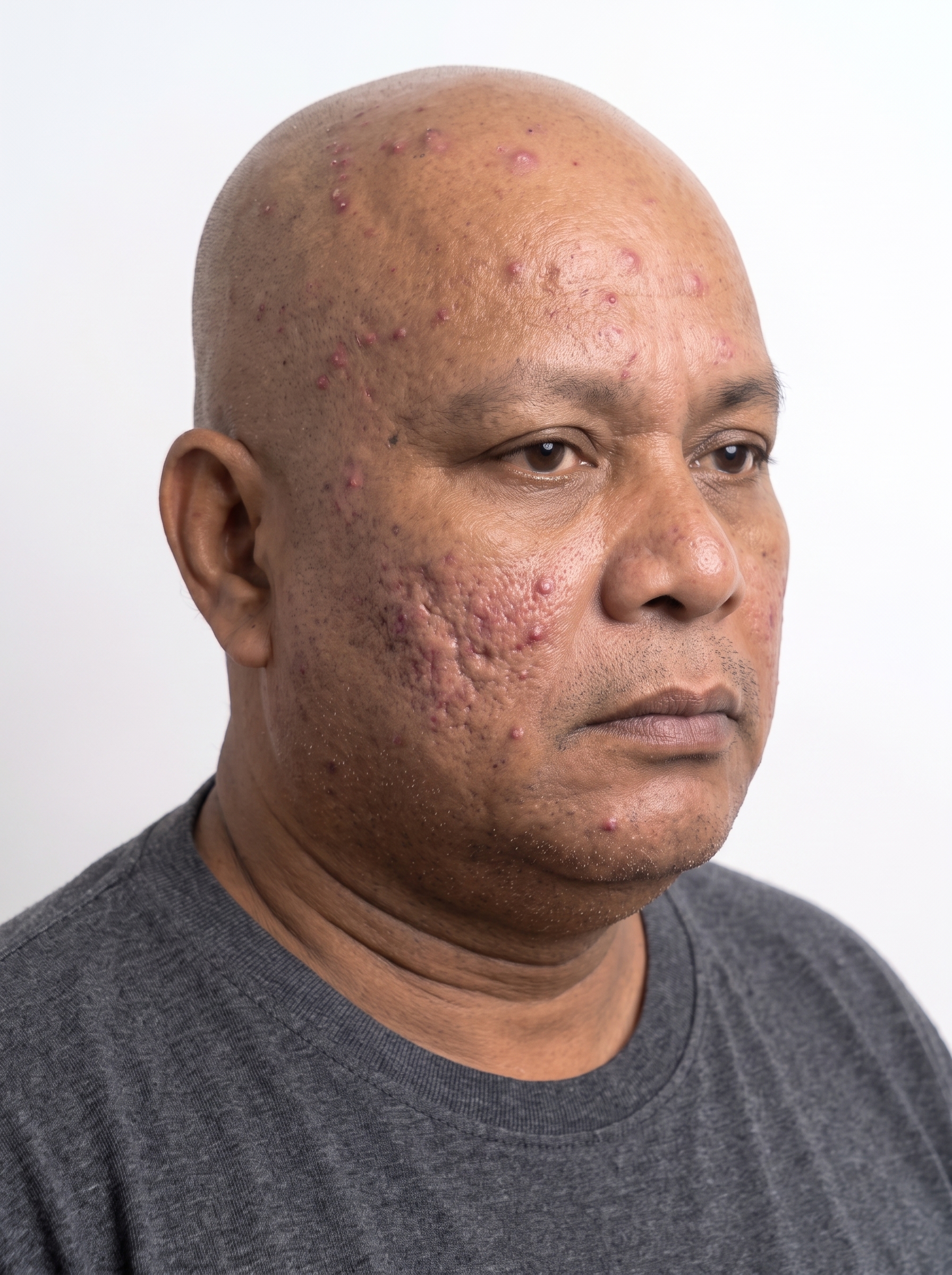 Diagonal view of a patient's face with acne, as captured