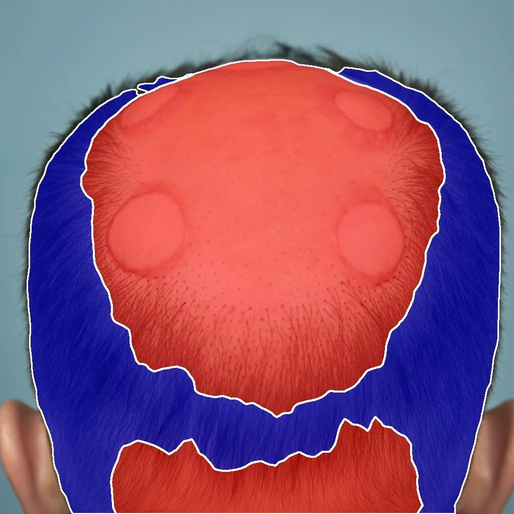 Hair-loss segmentation overlaid on the scalp photograph
