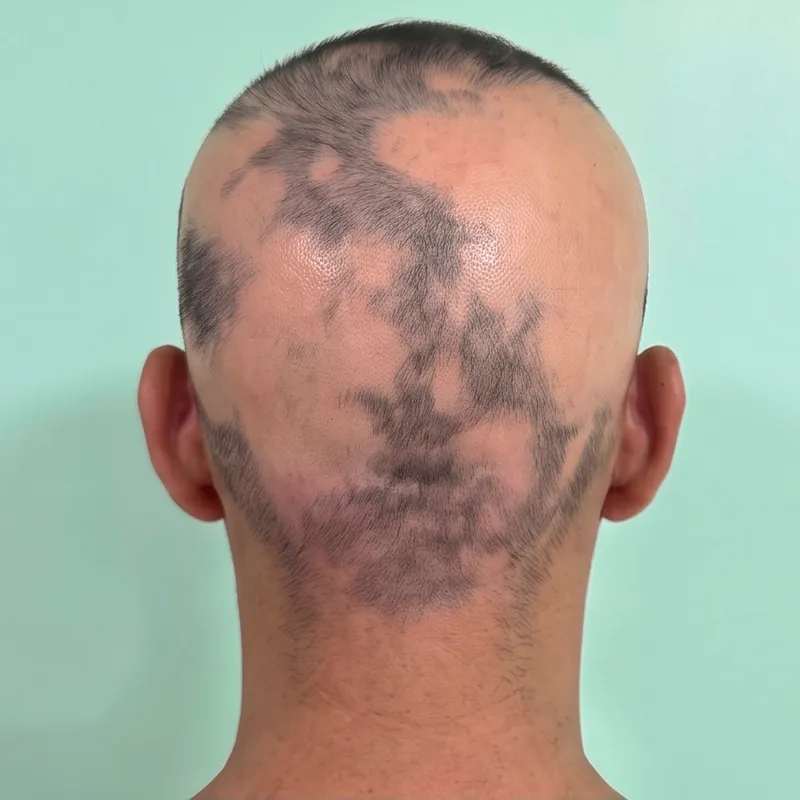 Photograph of the back of the scalp with patches of alopecia