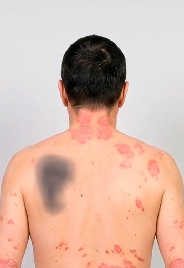 Clinical photograph with an identifying tattoo blurred while the surrounding lesions stay visible
