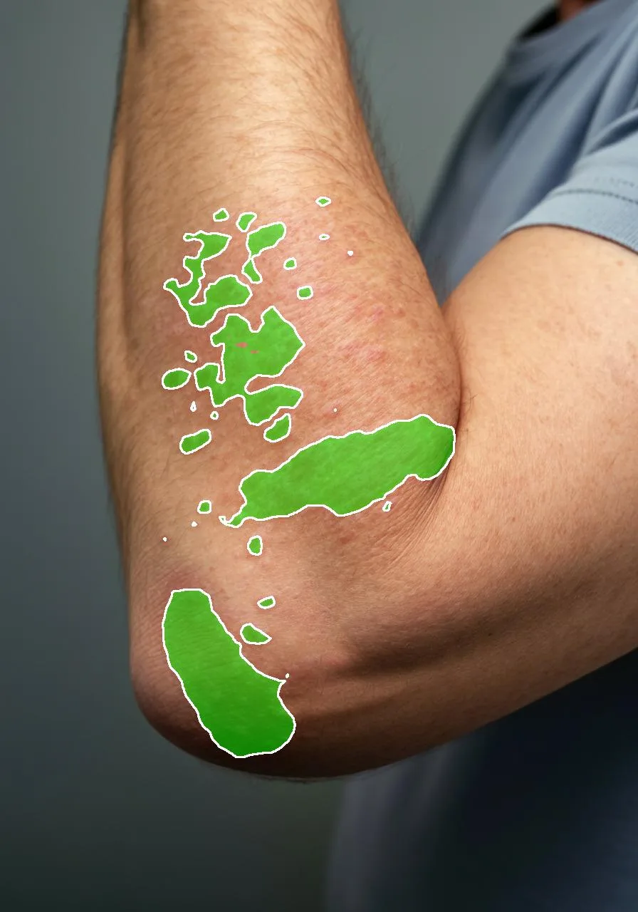 Eczema segmentation overlaid on the original photograph