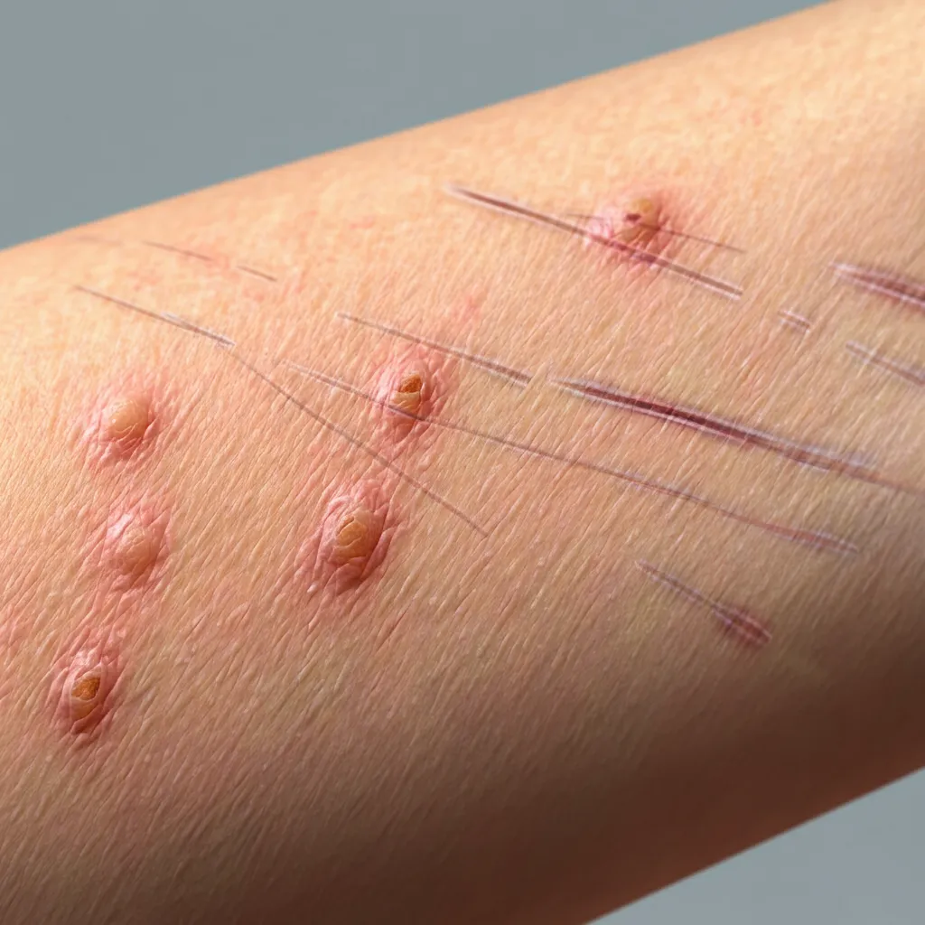 Close-up of excoriations (scratch marks) in atopic dermatitis