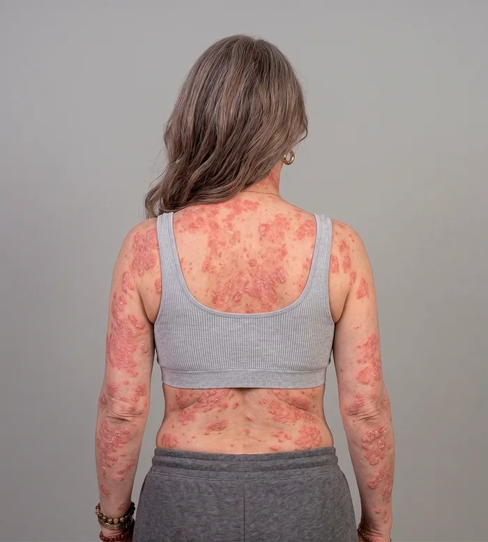 Incorrect capture: loose hair falls over the shoulders and upper back, concealing affected skin