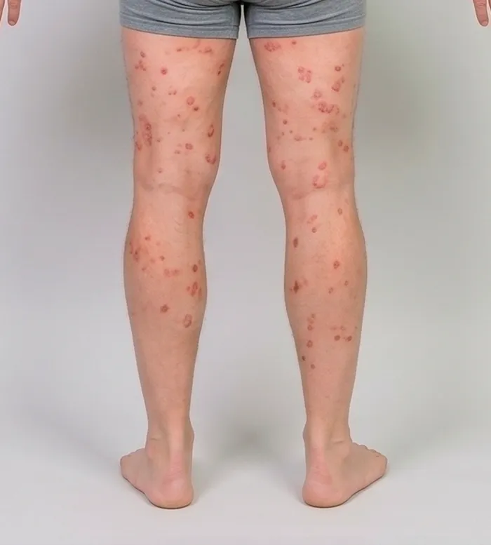 Back view of the legs with atopic dermatitis lesions