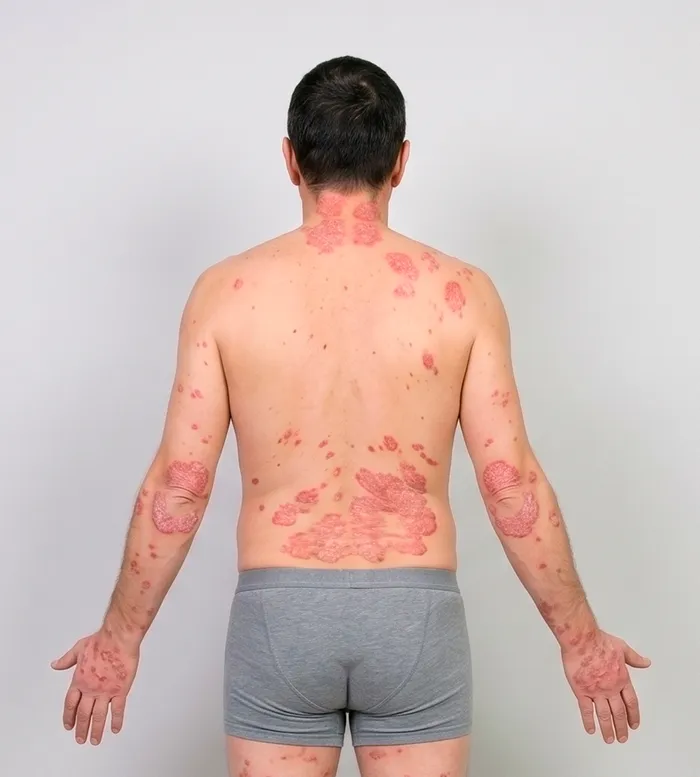 Back view of the head and trunk with atopic dermatitis lesions