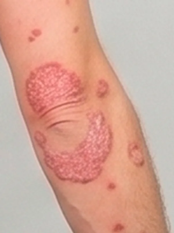 Close-up of atopic dermatitis plaques on the elbow and forearm