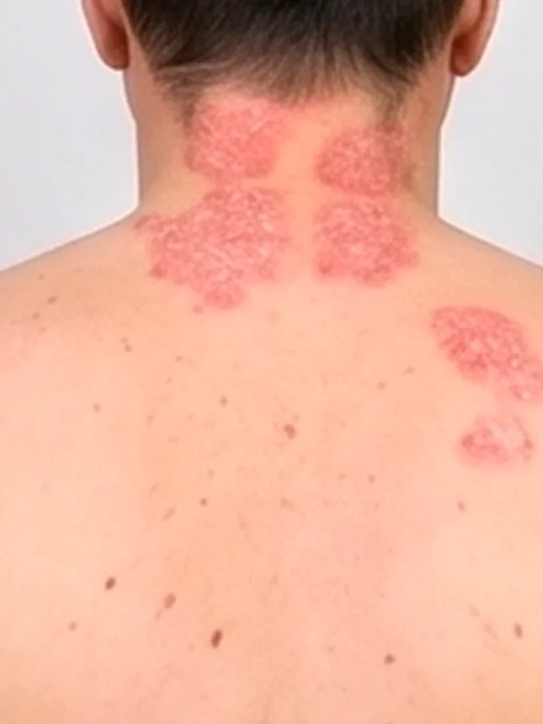 Close-up of atopic dermatitis plaques on the neck