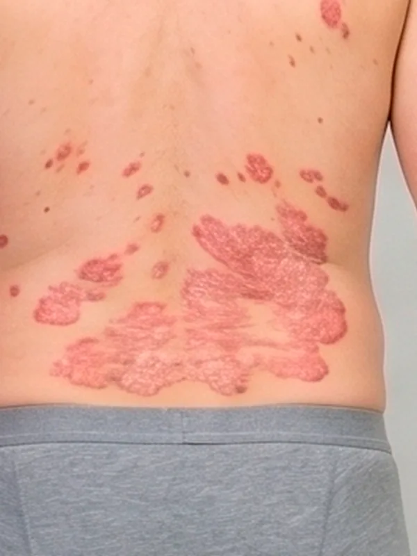 Close-up of a confluent atopic dermatitis plaque on the lower back