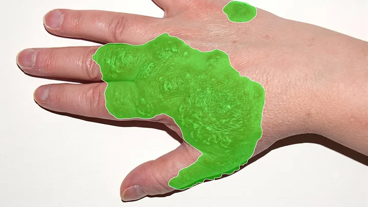 Representative baseline hand image with the affected skin area highlighted in green