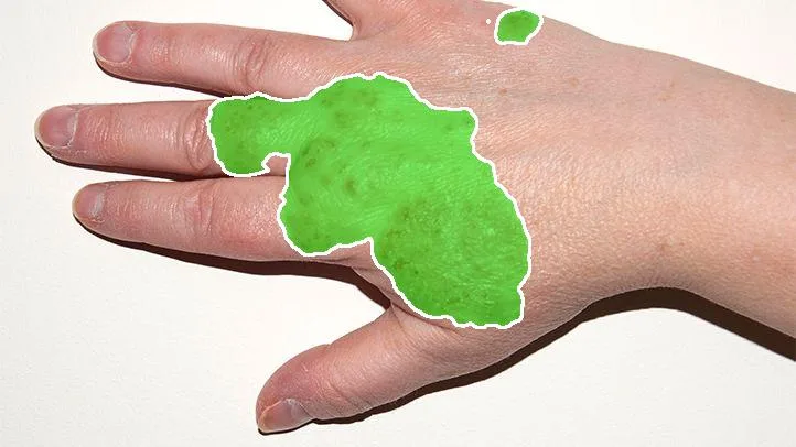 Representative follow-up hand image with a smaller affected skin area highlighted in green