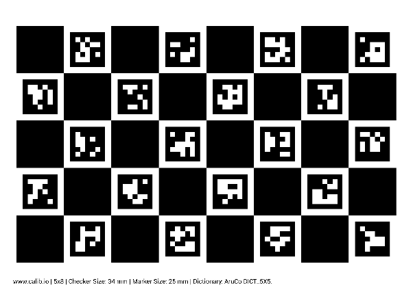 A ChArUco calibration board: a checkerboard of black and white squares with embedded markers, used to calibrate the camera before study imaging