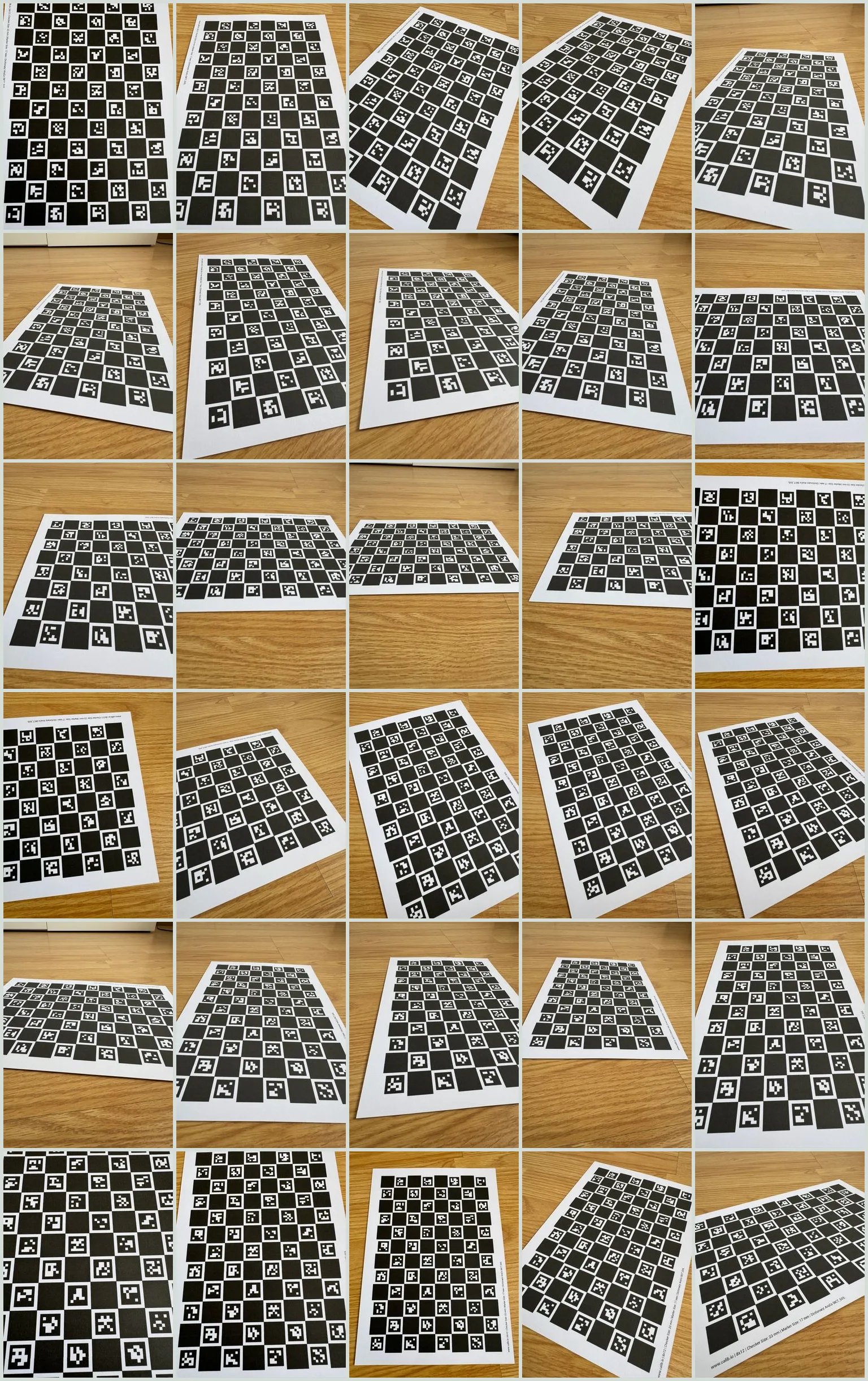 Contact sheet of a 30-image iPhone calibration set of the ChArUco board, showing the board captured across the whole field of view, at different distances, and at varied tilts
