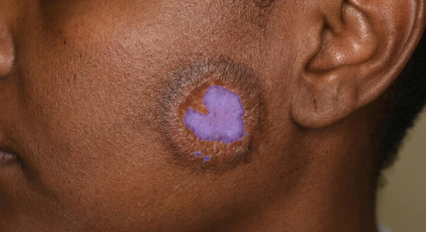 Follow-up: the same lesion with the depigmentation mask shrunk to the remaining pale area