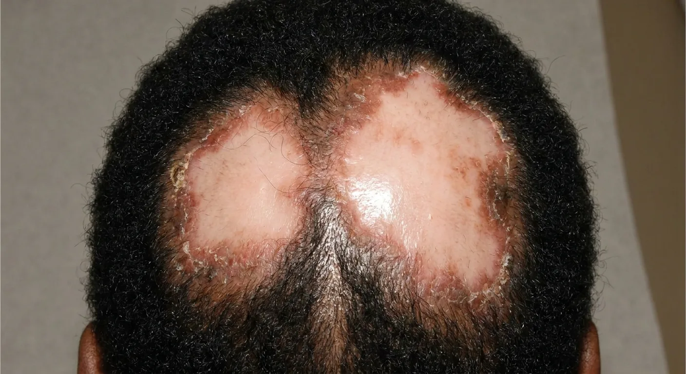 Scalp with scarring alopecia patches from discoid lupus