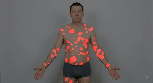 Trunk front with psoriatic area segmented by the AI