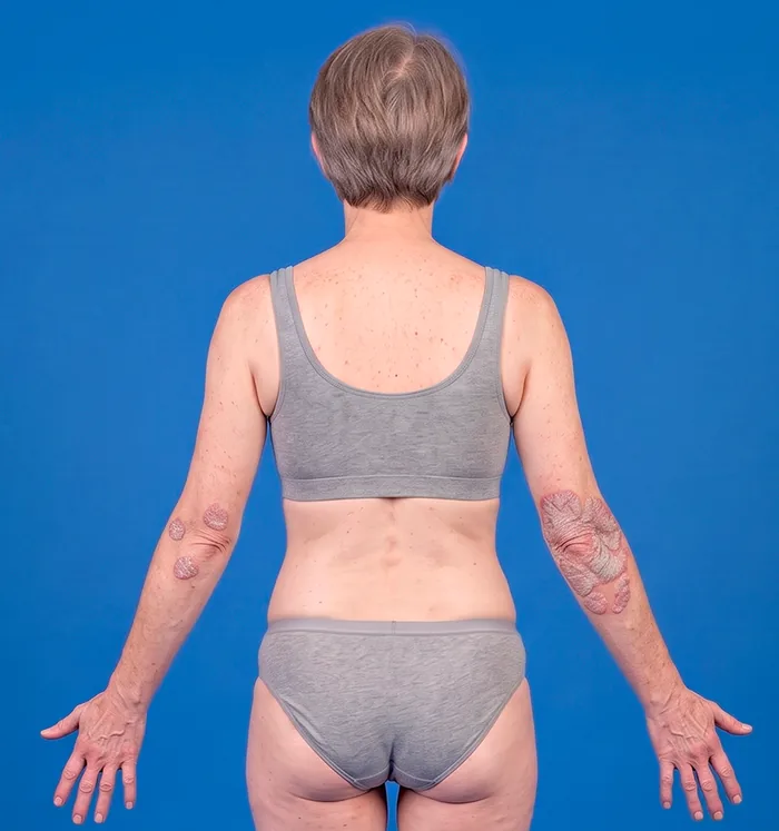 Back view of the head and trunk with psoriasis plaques