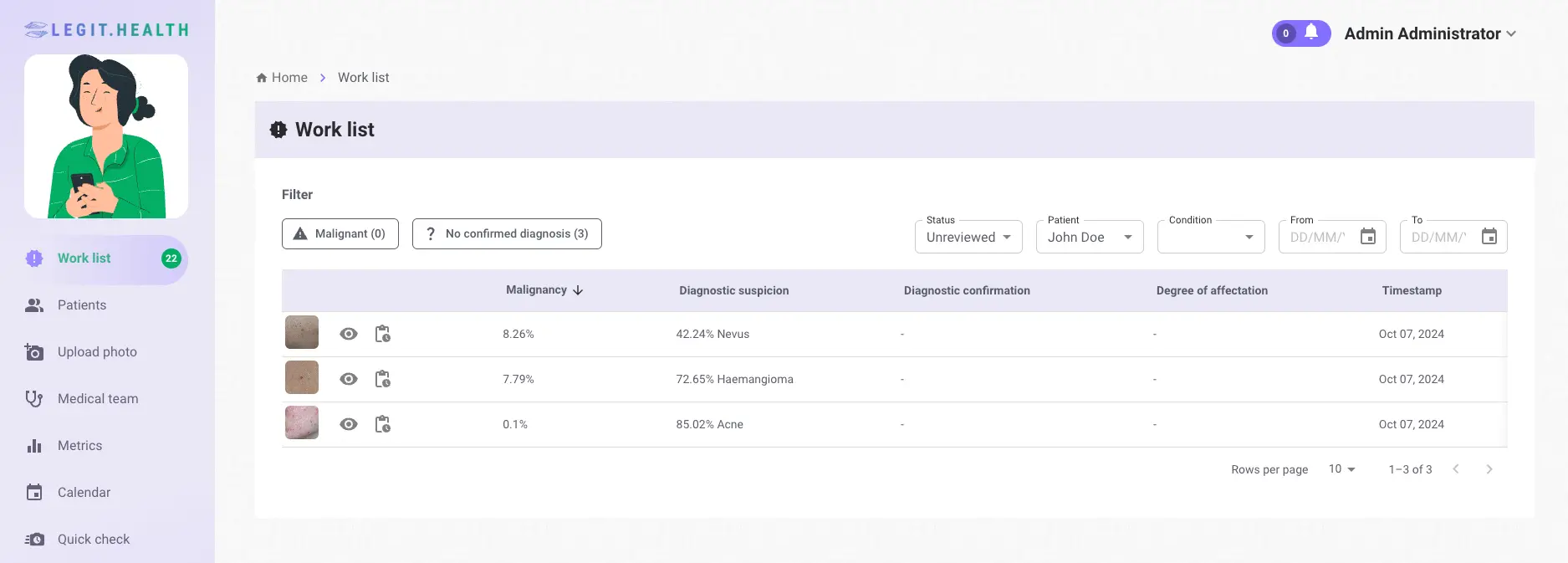 Complete list of non-reviewed images for a patient